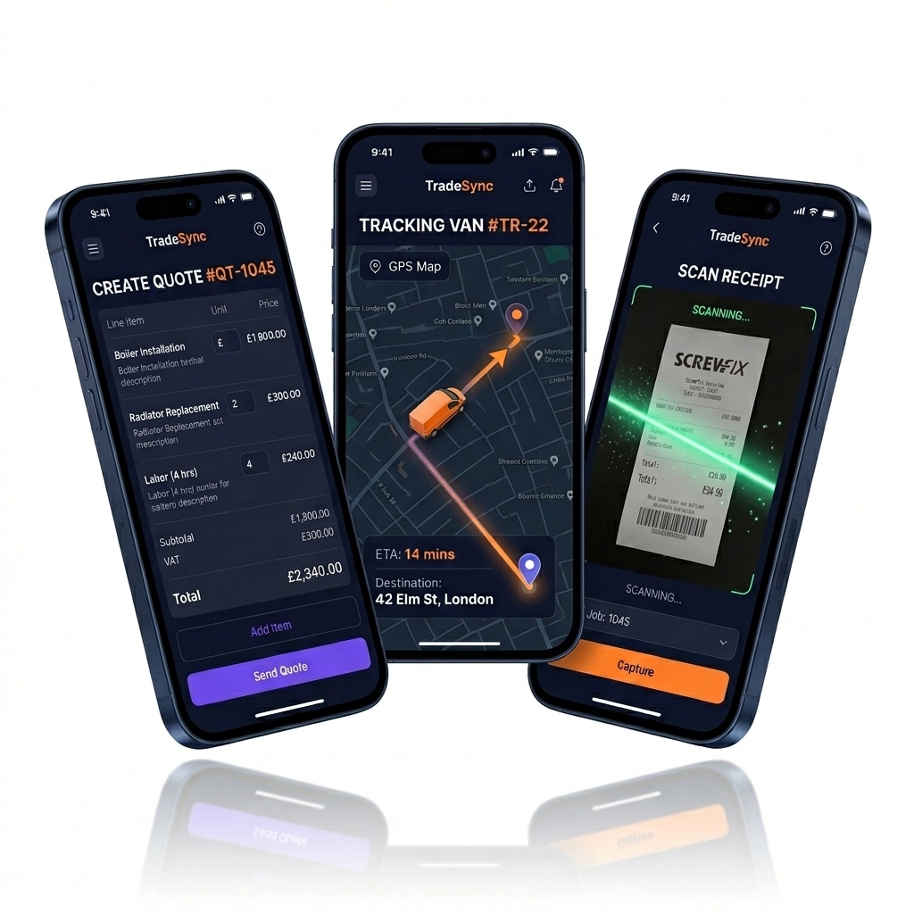 JobDiary app showing quote builder, GPS tracking, and receipt scanner features