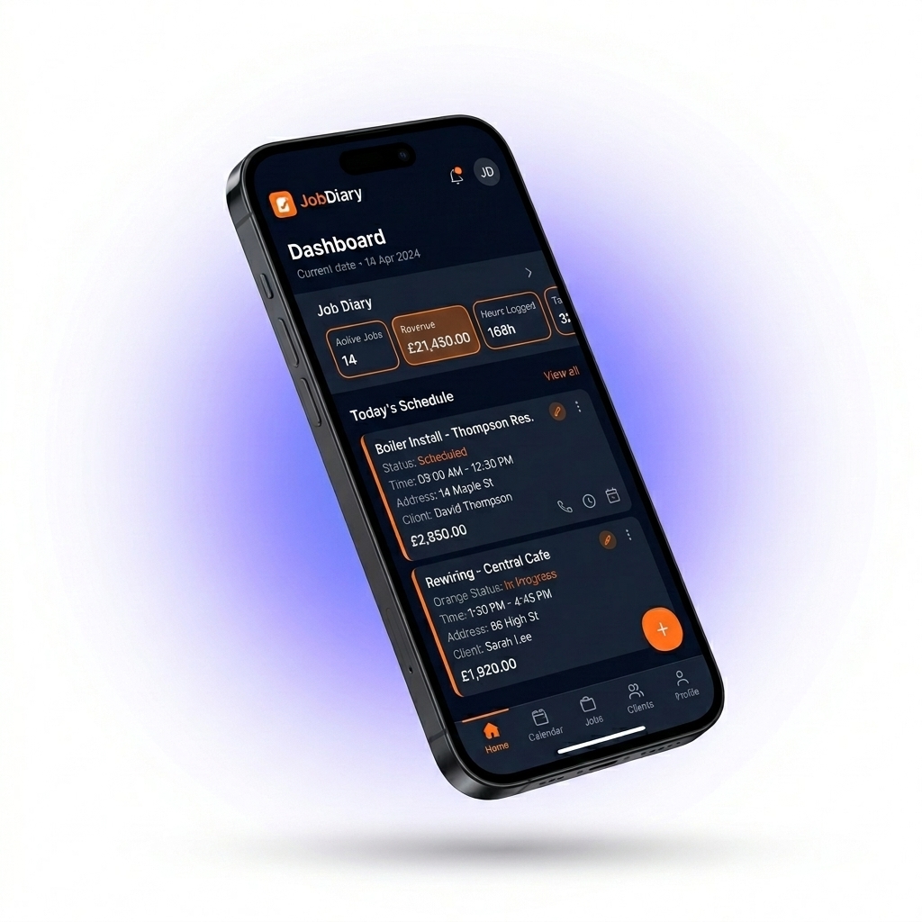 JobDiary mobile app dashboard showing job management interface